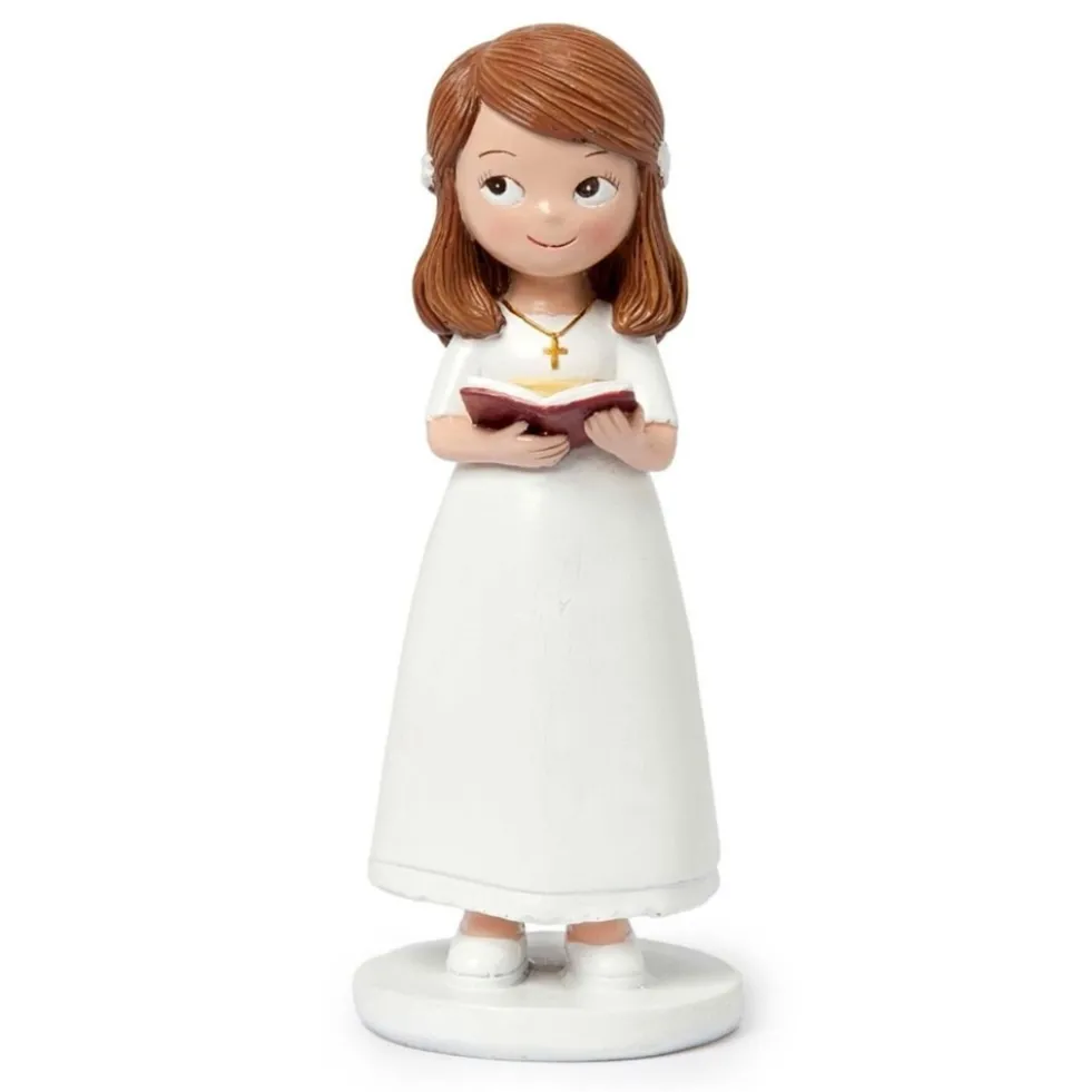 Figura para Tarta de Comunión Niña con Vestido Blanco y Biblia 13 cm