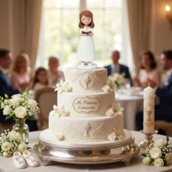 Figura para Tarta de Comunión Niña con Vestido Blanco y Biblia 13 cm