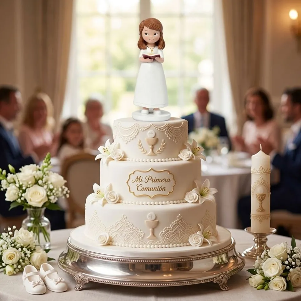 Figura para Tarta de Comunión Niña con Vestido Blanco y Biblia 13 cm