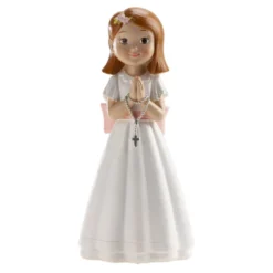 Figura Tarta Comunión Niña con Rosario y Lazo Rosa 16 cm