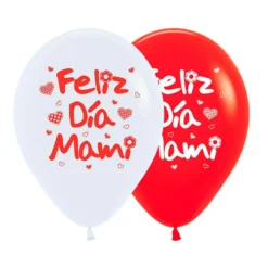 Globos Blancos y Rojos Felíz Día Mami 30 cm 12 ud