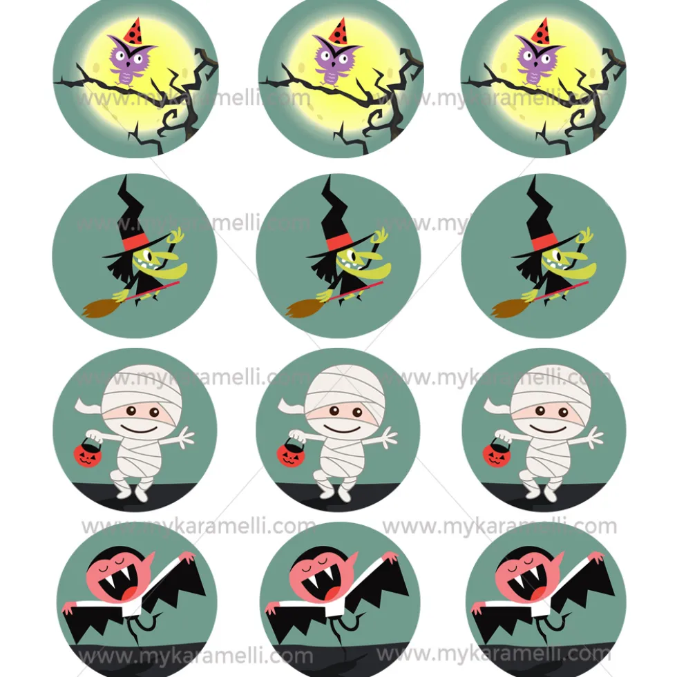 Juego 12 Impresiones Papel Comestible Halloween Modelo F 6 cm