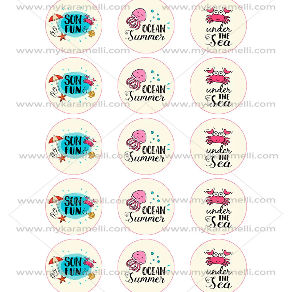 Juego de 15 Impresiones en Papel de Azúcar Verano Modelo C 5 cm