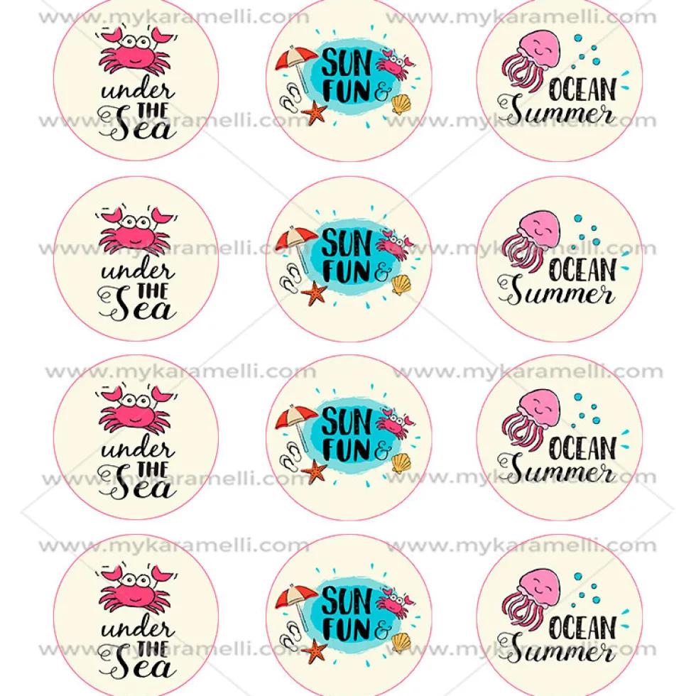 Juego de 12 Impresiones en Papel de Azúcar Verano Modelo C 6 cm