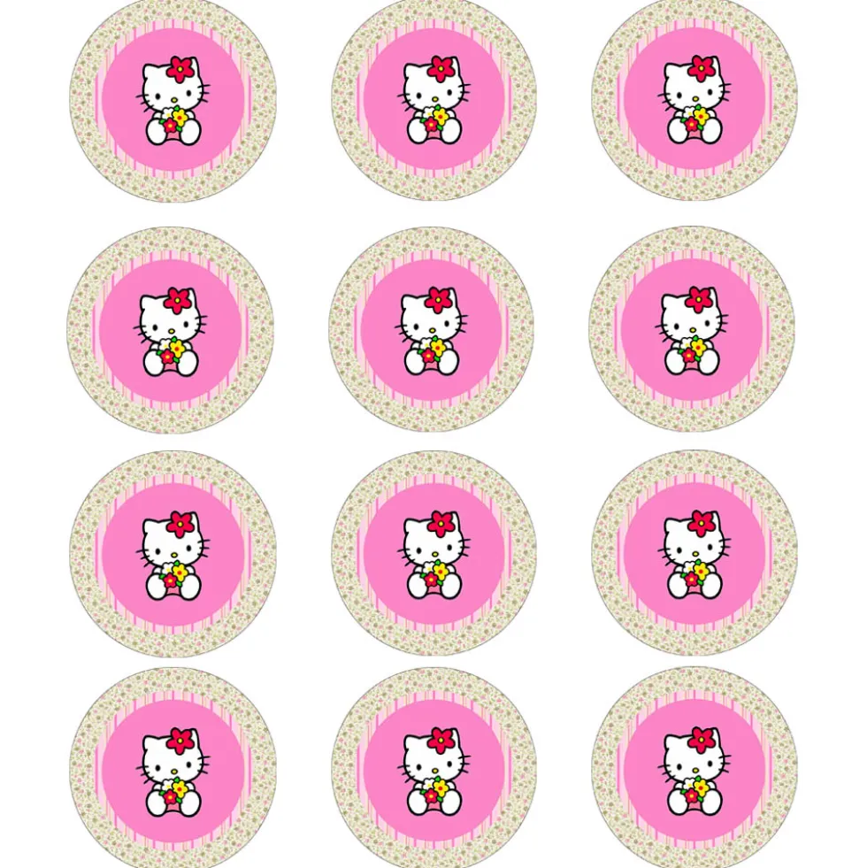 Juego de 12 Impresiones en Papel Comestible Hello Kitty 6 cm