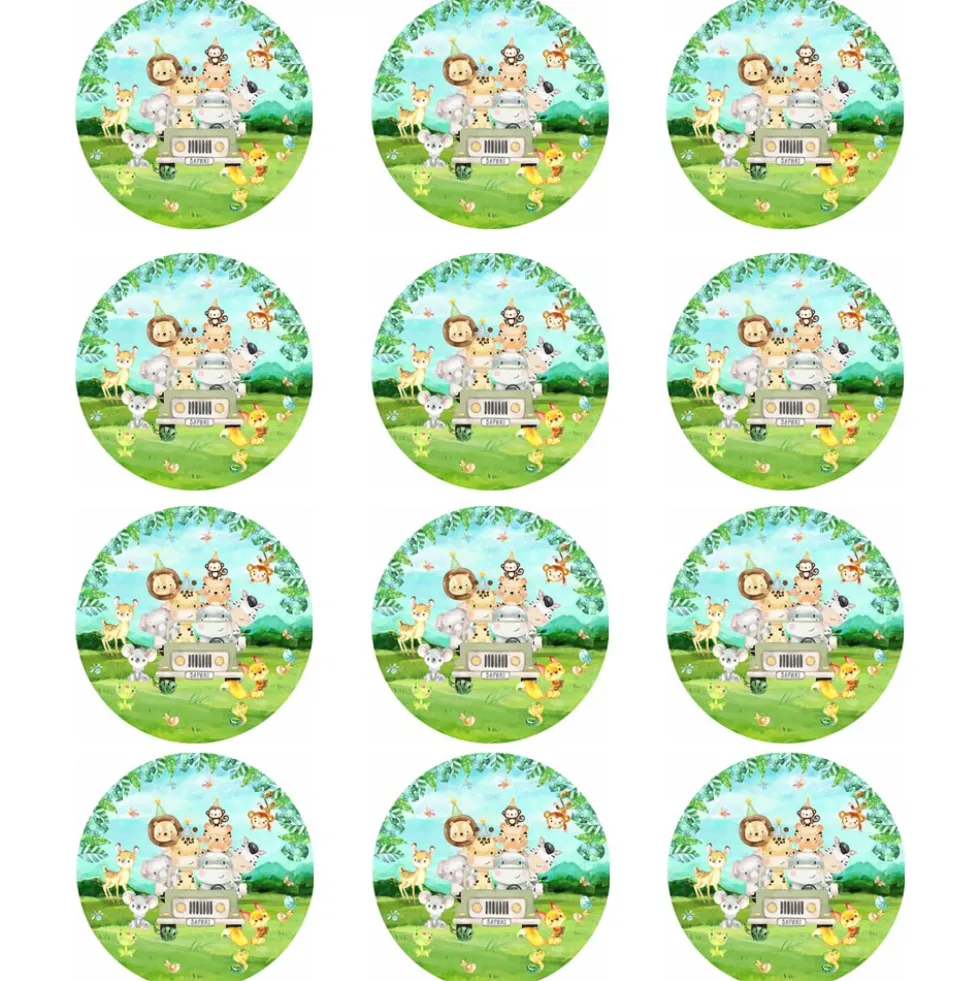 Juego de 12 Impresiones de 6 cm en Papel Comestible Animales de la Selva
