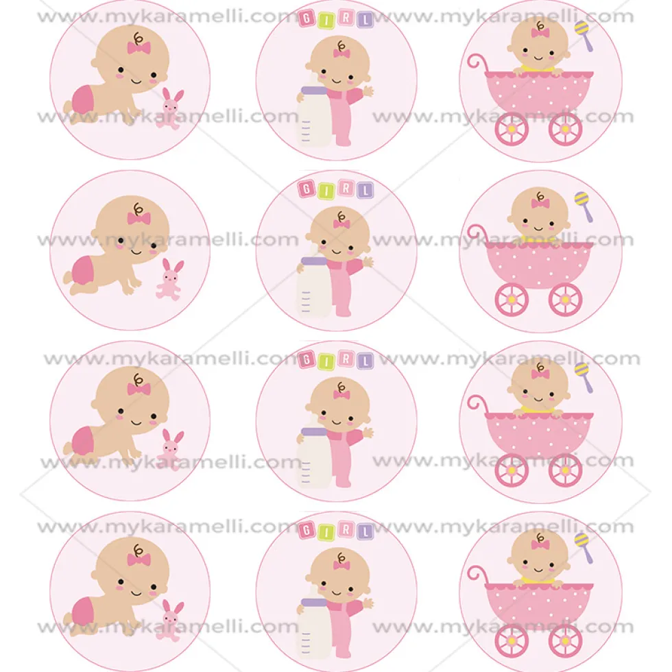 Juego de 12 Impresiones en Papel de Azúcar Baby Girl Modelo B 6 cm