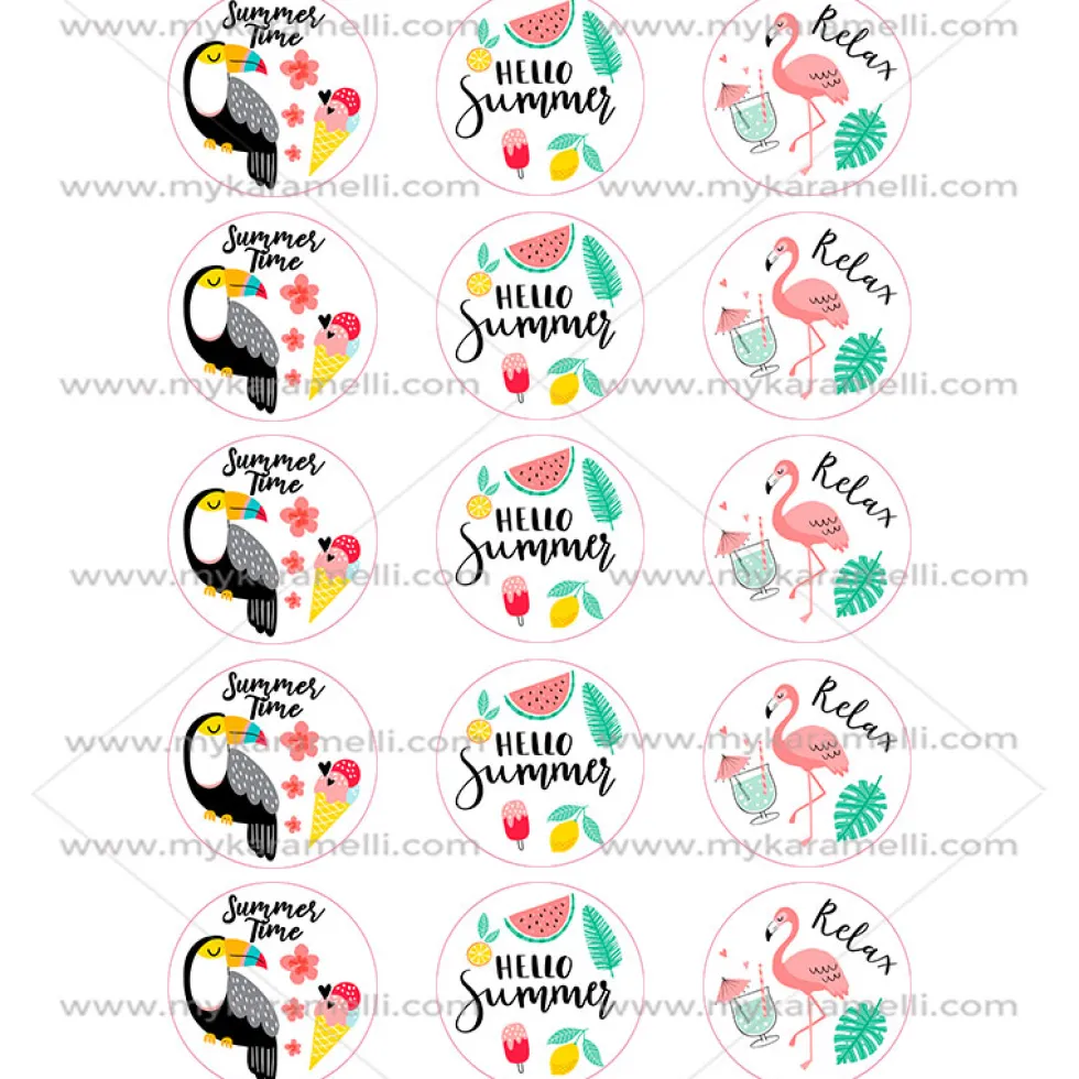 Juego de 15 Impresiones en Papel de Azúcar Verano Modelo A 5 cm
