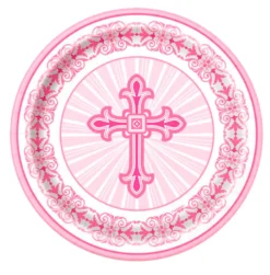 Juego de 8 Platos Comunión Cruz Rosa 22 cm
