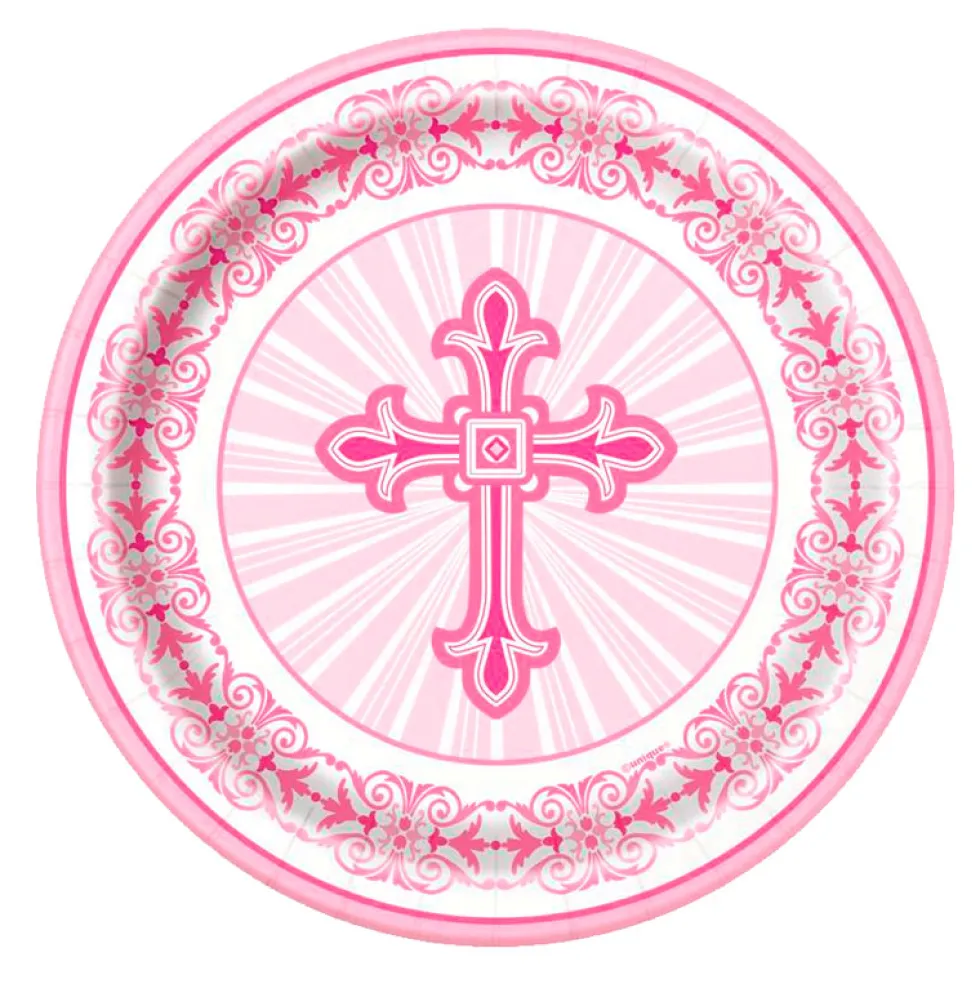 Juego de 8 Platos Comunión Cruz Rosa 22 cm
