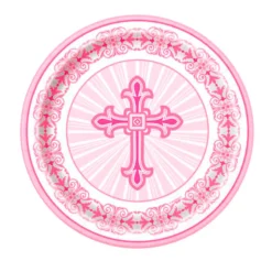 Juego de 8 Platos Comunión Cruz Rosa 17 cm