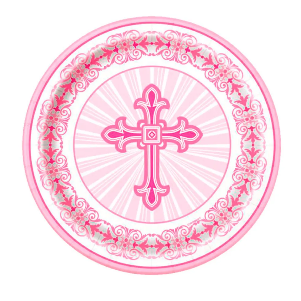 Juego de 8 Platos Comunión Cruz Rosa 17 cm