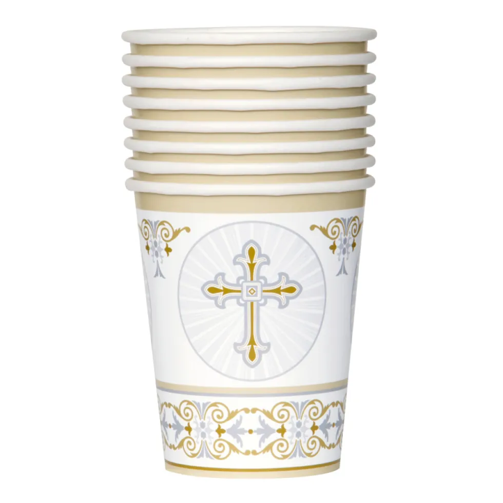 Juego de 8 Vasos Comunión Cruz Dorada