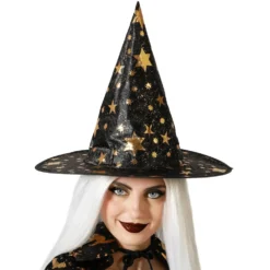 Sombrero de Bruja Negro con Estrellas Doradas