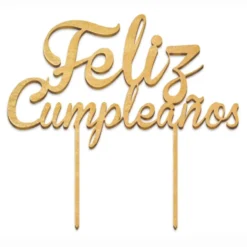 Topper para Tarta de Madera Feliz Cumpleaños Dorado 13 cm
