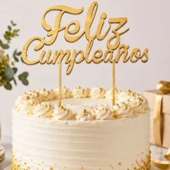Topper para Tarta de Madera Feliz Cumpleaños Dorado 13 cm